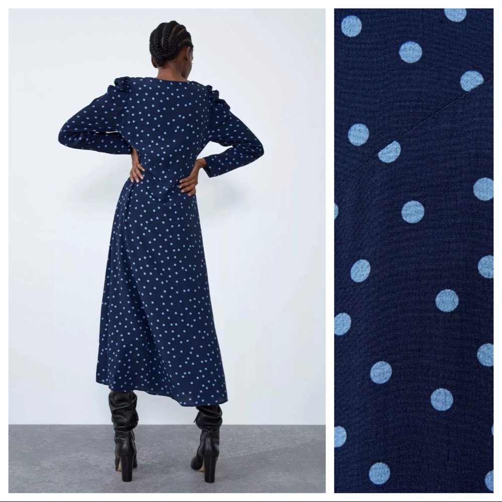 NWT. Zara Blue Polka Dots Midi Dress. Size L. - Picture 2 of 10